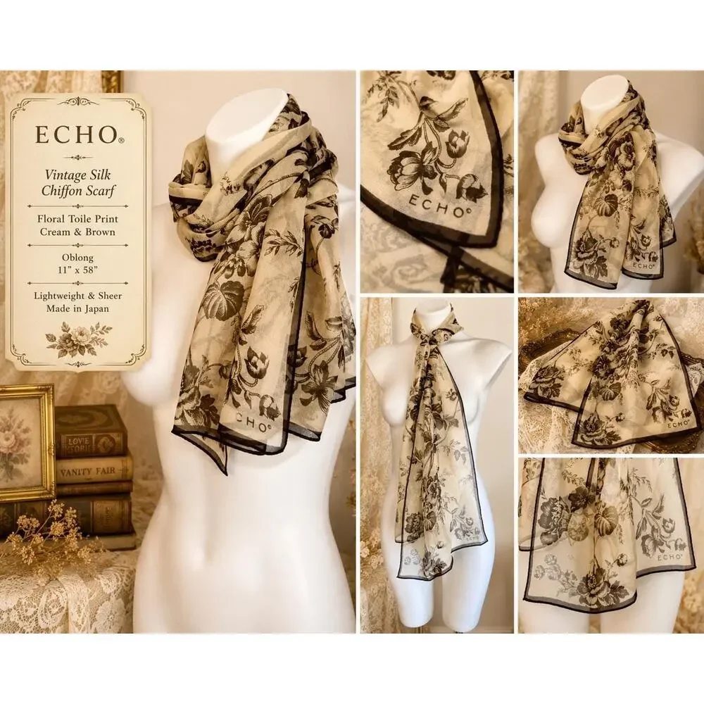 Vintage Echo Silk Chiffon Floral Toile Scarf Cream Brown Oblong 11x58